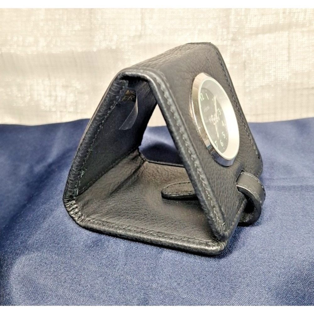FOSSIL TRAVEL CLOCK BLACK LEATHER CASE Vintage Folding Retro Working - Picture 5 of 13